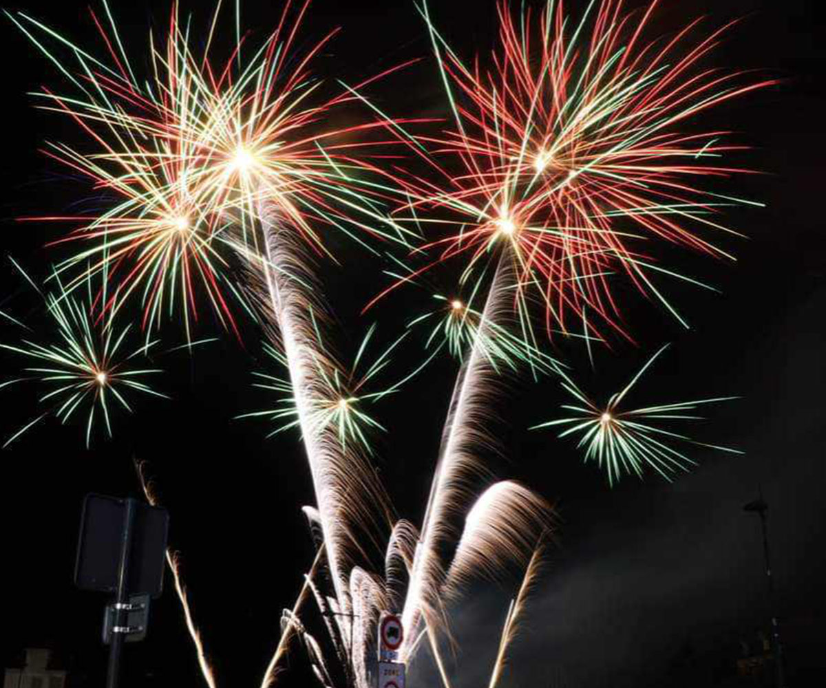 Bouquet final d'un feu d'artifice d'événement privé avec des effets de palmiers lumineux à Soissons, dans l'Aisne.
