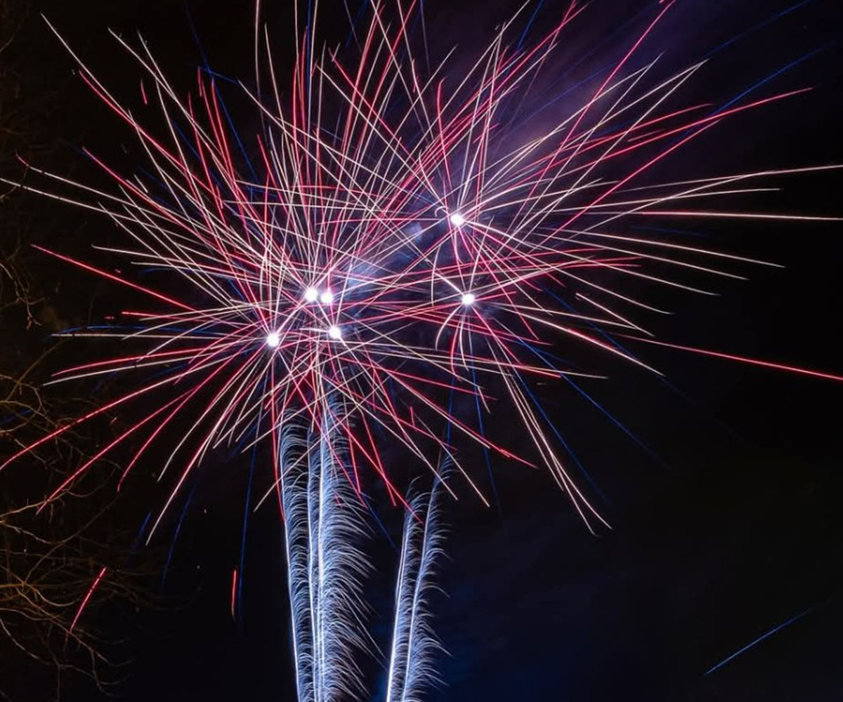 Feu d'artifice pour un événement d'entreprise avec des étincelles roses et violettes au-dessus des arbres, près de Senlis dans l'Oise.