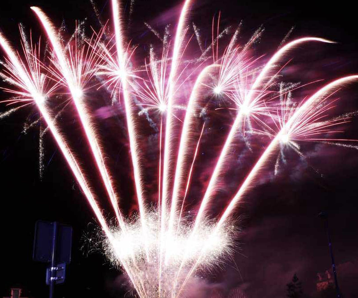 Bouquet final d'un feu d'artifice d'événement privé avec des effets de palmiers lumineux à Soissons, dans l'Aisne.
